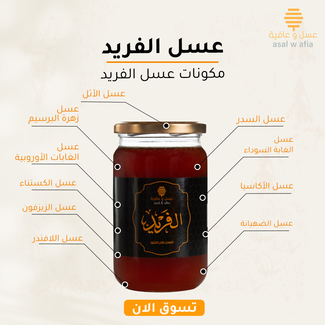 #عسل_وعافيه🍯

عسل الفريد 🐝
خليط فاخر يجمع بين أنقى أنواع العسل الطبيعية:
🔸 عسل السدر: يعزز المناعة والهضم
🔸 الغابة السوداء: مضاد أكسدة قوي
🔸 الأكاسيا: خفيف وسهل الهضم
🔸 الضهيانة: مضاد التهابات طبيعي
🔸 الأثل: مطهر ومضاد للبكتيريا
🔸 زهرة البرسيم: غني بالحديد ومحبب للأطفال