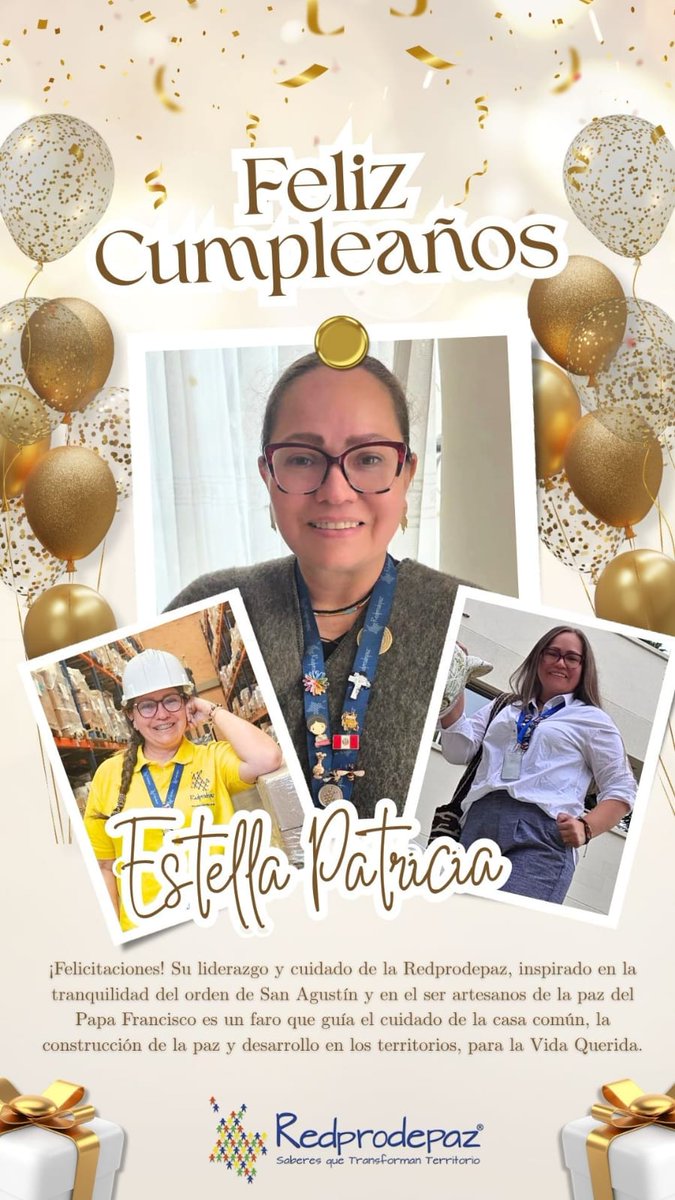 #Felicitaciones
<a href="/espag75/">Patricia Alba ~</a> su liderazgo y cuidado de la #Redprodepaz, inspirado en la tranquilidad del orden de San Agustín y en el ser artesanos de la paz del Papa Francisco es un faro que guía el cuidado de la casa común, la construcción de la paz y desarrollo en los territorios.