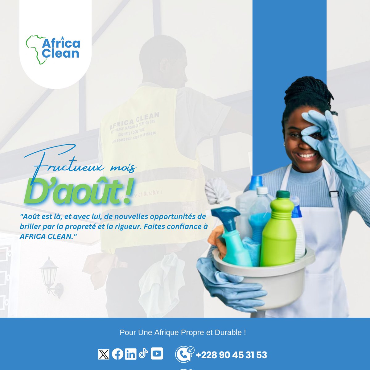 Août est là, et avec lui, de nouvelles opportunités de briller par la propreté et la rigueur. Faites confiance à AFRICA CLEAN.

Toute l'équipe vous souhaite un fructueux mois d'août !

AFRICA CLEAN, pour une Afrique Propre et Durable 🔵 🟢 ⚪
 90 45 31 53

#Cleantech #africaclean