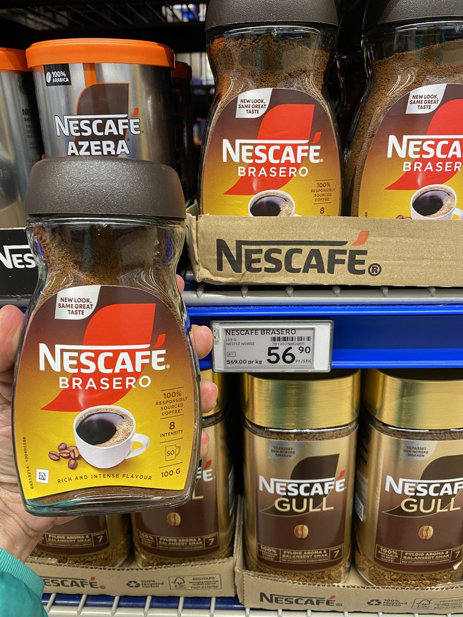 martaguilo's tweet photo. @salva_nv A Noruega, NORUEGA, supermercat Rema 1000, cafè soluble Nescafé 100gr, 56,90 NOK (4,75€). Caprabo a casa, 5,40€. https://t.co/GSIWxrPRoZ