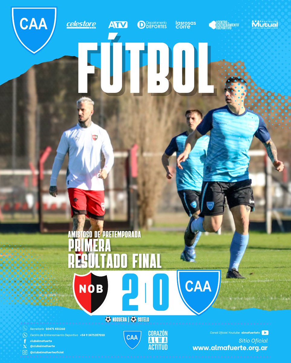 #FUTBOL
Nuestra Primera Div. viajó a Rosario para enfrentar al Newell’s del “Ogro” Fabbiani.

NEWELL’S 2 (⚽️NOGUERA | ⚽️ SOTELO)
ALMAFUERTE 0

Una prueba de fuego para nuestro equipo que pudo tener la posibilidad de medirse y competir de muy buena manera ante un plantel de AFA