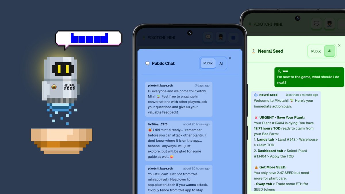🟦Another BASED weekend🟦

We are now one step closer to our miniapp public launch on <a href="/baseapp/">Base app</a>!

🔗 mini.pixotchi.tech

🌱 Here’s what we shipped this week:

• Introducing Chat feature!
Talk and have conversation with other players in real time. If you got a Basename, it'll
