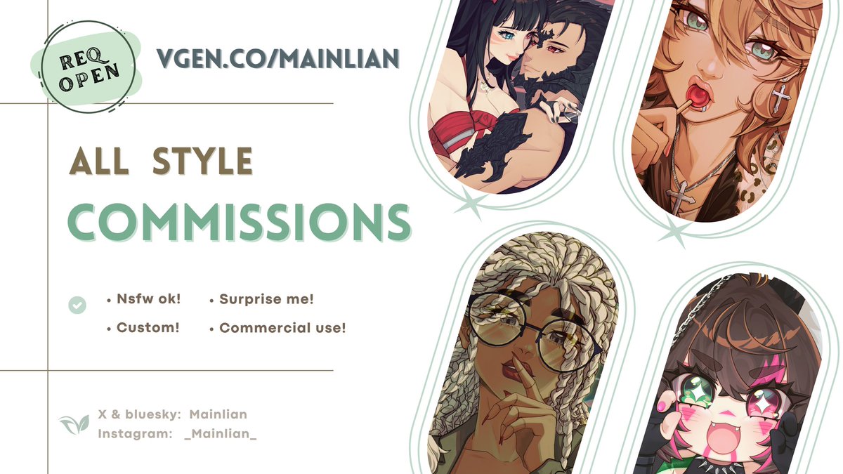 Mainlian's tweet photo. 🍃 CMSN OPEN! 

I have opened a new batch with more slots! Services included: custom and surprise me, chibis, more styles and YCH!

share are very appreciated! tysm (˶ᵔ ᵕ ᵔ˶) 

- More Info: ⬇️ 

You can send me a DM or a request in vgen!

#DnD #Vtuber #FFXIV #vgenopen https://t.co/qKAKNs0jGL