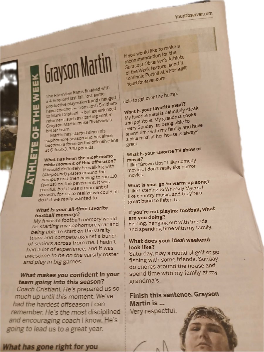 Grayson Martin (@grayson_ma42804) on Twitter photo Thank you to the coaching staff at <a href="/RamsRhsFootball/">Riverview Football</a> and The Observer for athlete of the week!!!
<a href="/RRamsRecruiting/">Riverview Rams Recruiting</a> <a href="/BrodyWiseman/">Brody Wiseman</a> <a href="/1ramsfootball/">Ryan Thompson</a> Thank you to the coaching staff at <a href="/RamsRhsFootball/">Riverview Football</a> and The Observer for athlete of the week!!!
<a href="/RRamsRecruiting/">Riverview Rams Recruiting</a> <a href="/BrodyWiseman/">Brody Wiseman</a> <a href="/1ramsfootball/">Ryan Thompson</a>