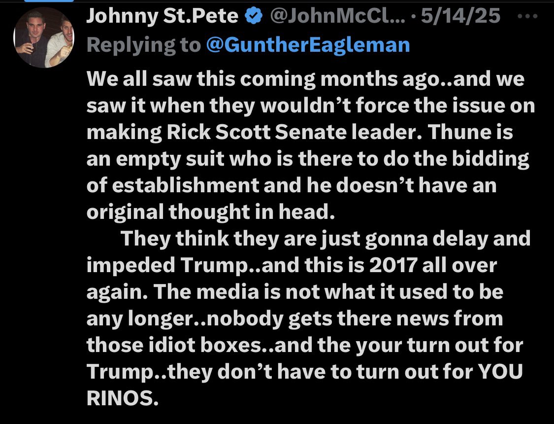 Johnny St.Pete (@johnmccloy) on Twitter photo <a href="/GuntherEagleman/">Gunther Eagleman™</a> <a href="/LeaderJohnThune/">Leader John Thune</a> Complicit RINO who thinks he may still be President one day if he plays ball with the Uniparty. <a href="/GuntherEagleman/">Gunther Eagleman™</a> <a href="/LeaderJohnThune/">Leader John Thune</a> Complicit RINO who thinks he may still be President one day if he plays ball with the Uniparty.