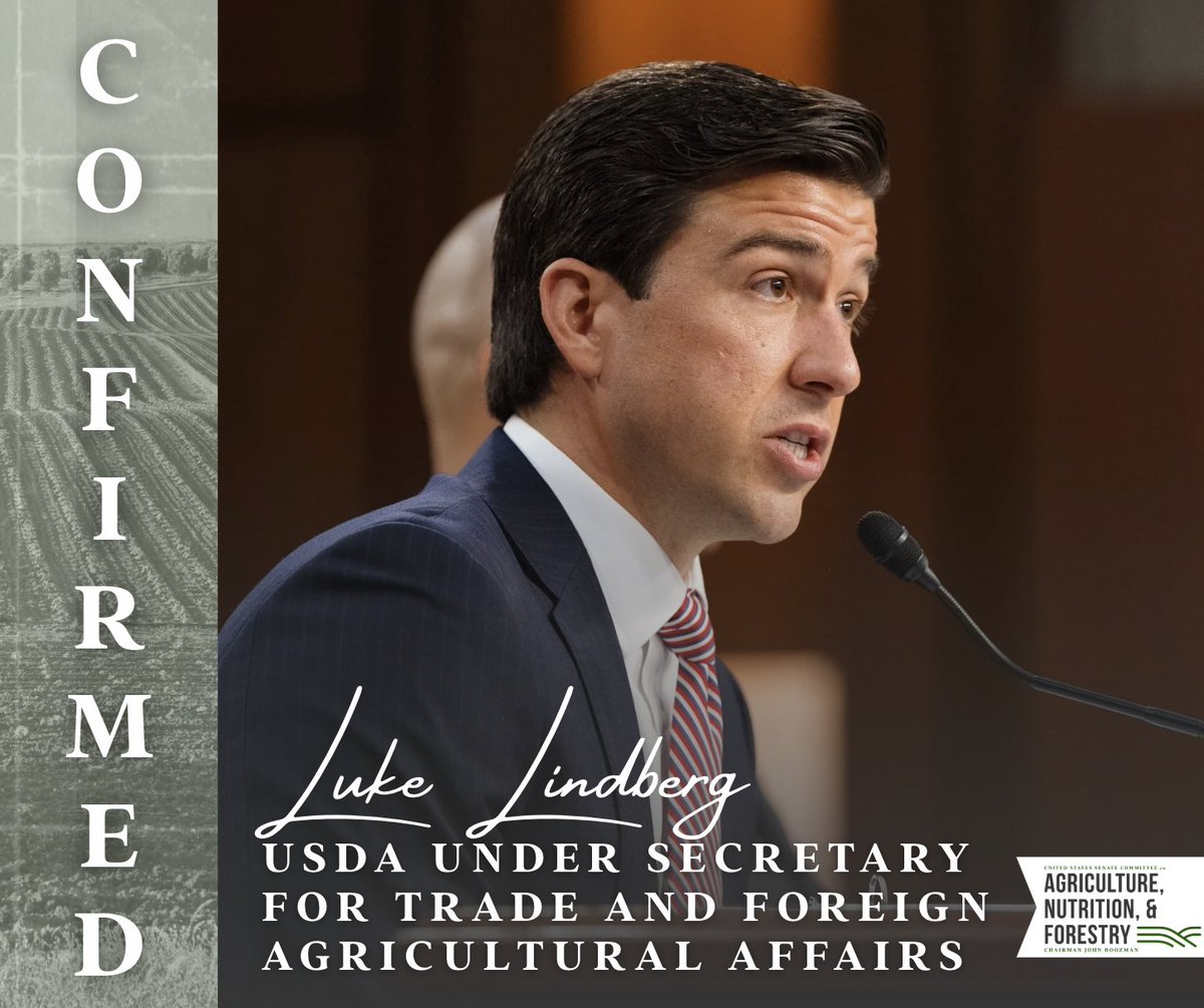 SenateAgGOP's tweet photo. The Senate confirmed Luke Lindberg to be Under Secretary of Agriculture for Trade and Foreign Agricultural Affairs at @USDA. https://t.co/UTe3YGuwS4
