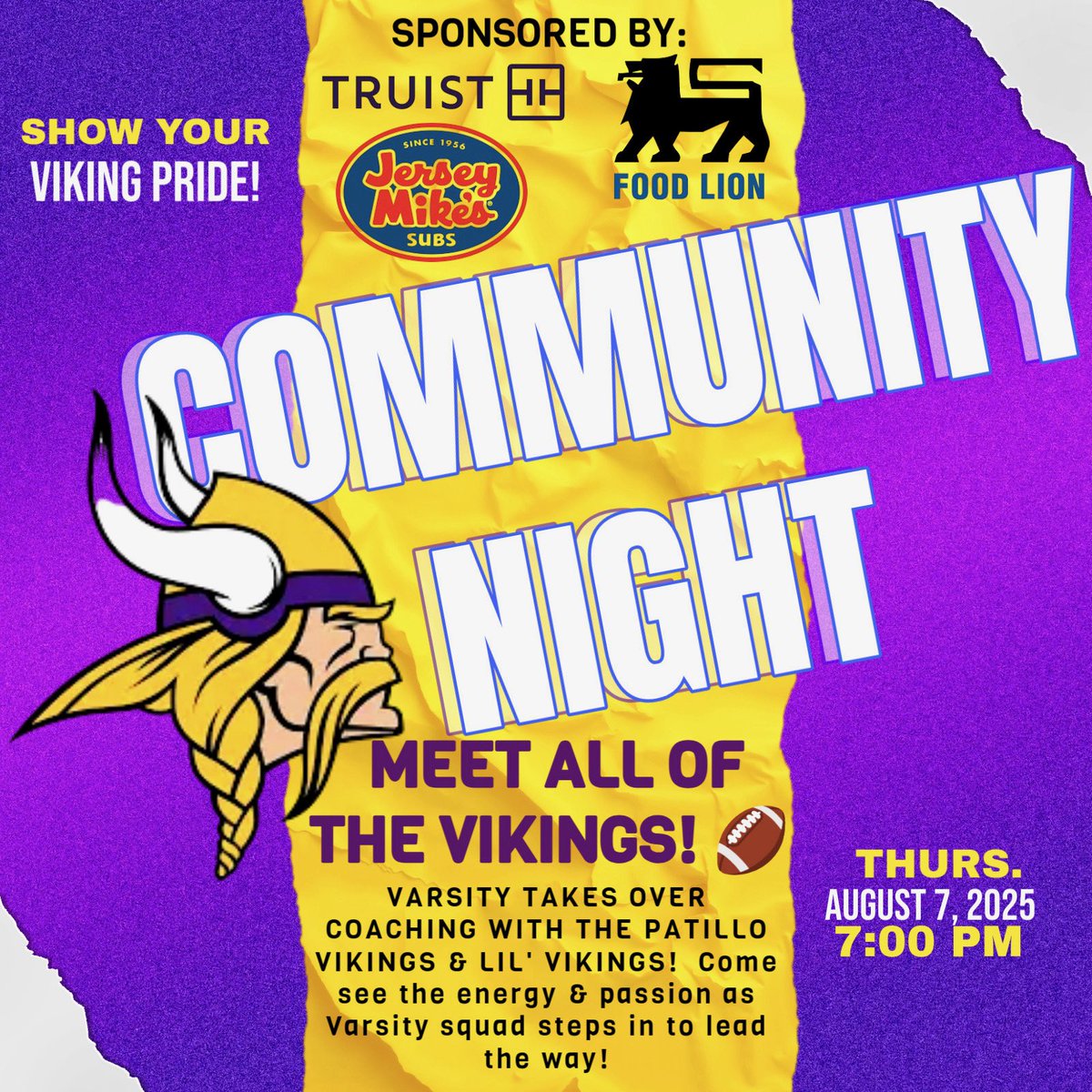 Tarboro Football Club will be hosting the 2nd Annual“Meet the Vikings” night on Thursday, August 7th, 2025 at 7 o’clock at Viking Stadium. 
Music will be provided by our very own Butch Cannon! You can get a Cheeseburger, chips and drink or 2 Hot Dogs, chips and drink for only $5.