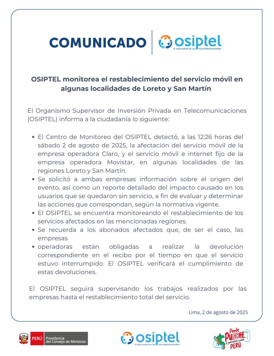 🚨 [#COMUNICADO] El OSIPTEL continúa monitoreando el restablecimiento total del servicio móvil en algunas localidades de Loreto y San Martín.