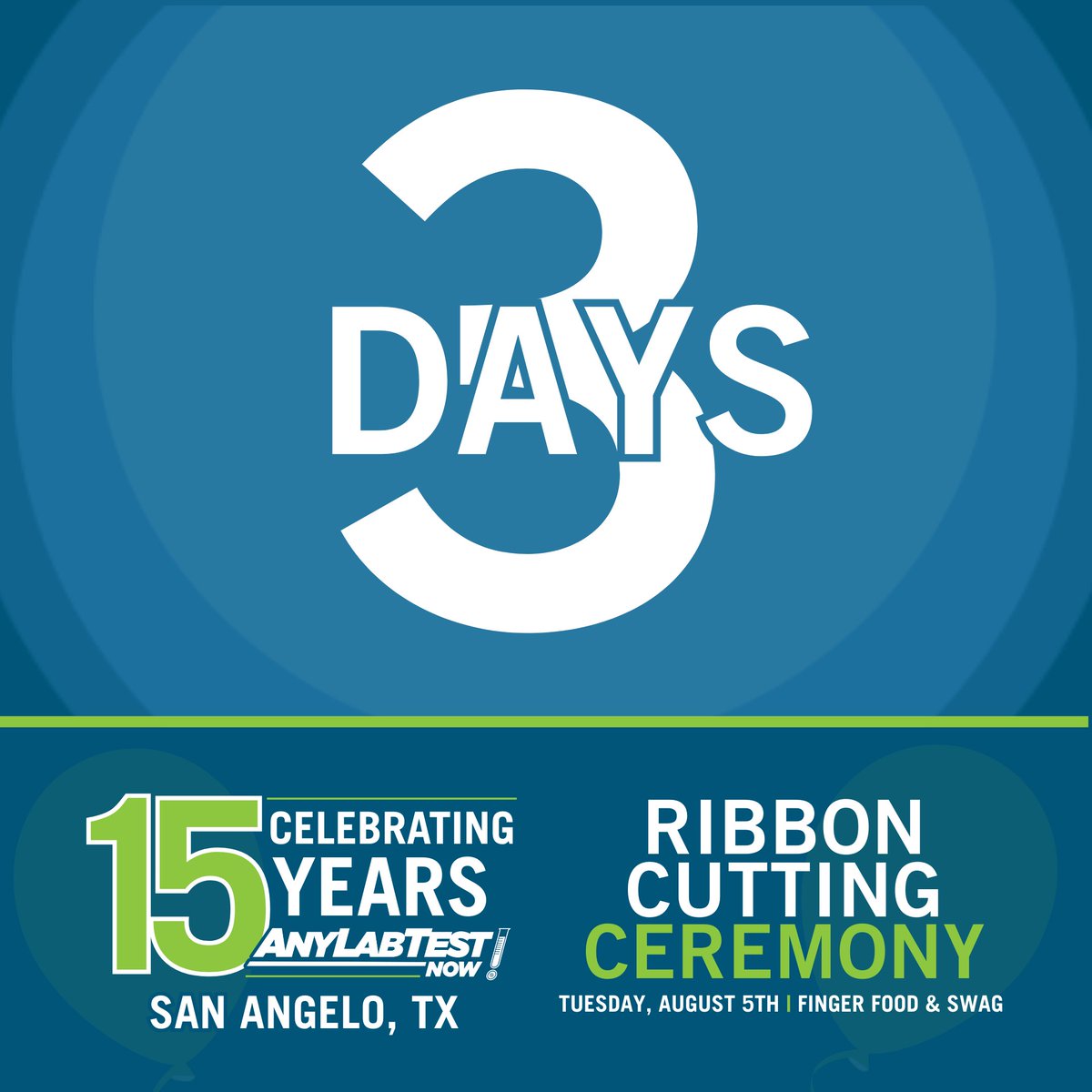AnyLabTestSJT's tweet image. 3 Days left !!!!!! Don&apos;t miss out. #RibbonCutting #AnyLabTestsNowSanAngelo #15yearsstrong #August5th