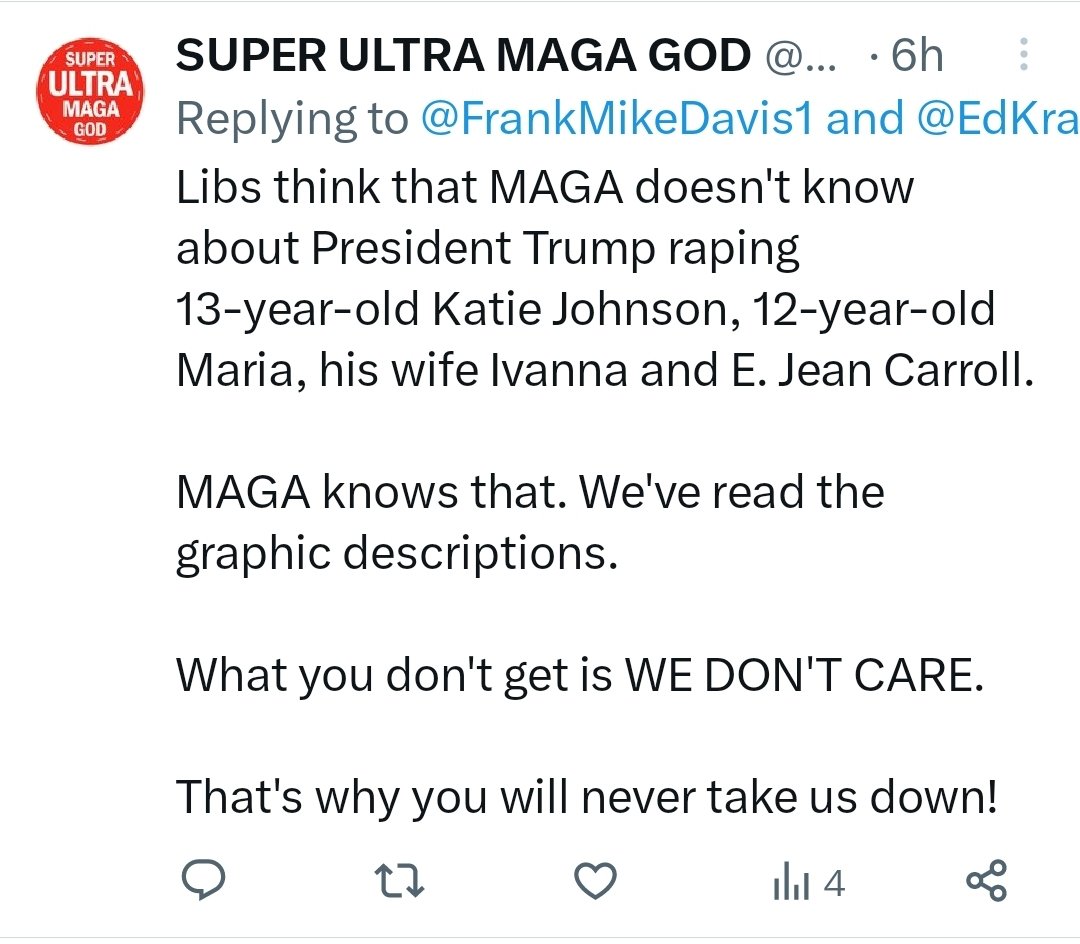 <a href="/JoJoFromJerz/">Jo</a> 😡 Here's WHY "TraitorFelon45's" supporters don't EVEN care if Trump befriended Jeffrey Epstein, or if he's a Pedophile:

👉 Check out this NASTY reply that I received from an "Ultra MAGA" guy‼️ (He has since deleted this account &amp; created a new one.)

👇👇👇👇👇👇👇👇👇👇👇👇👇