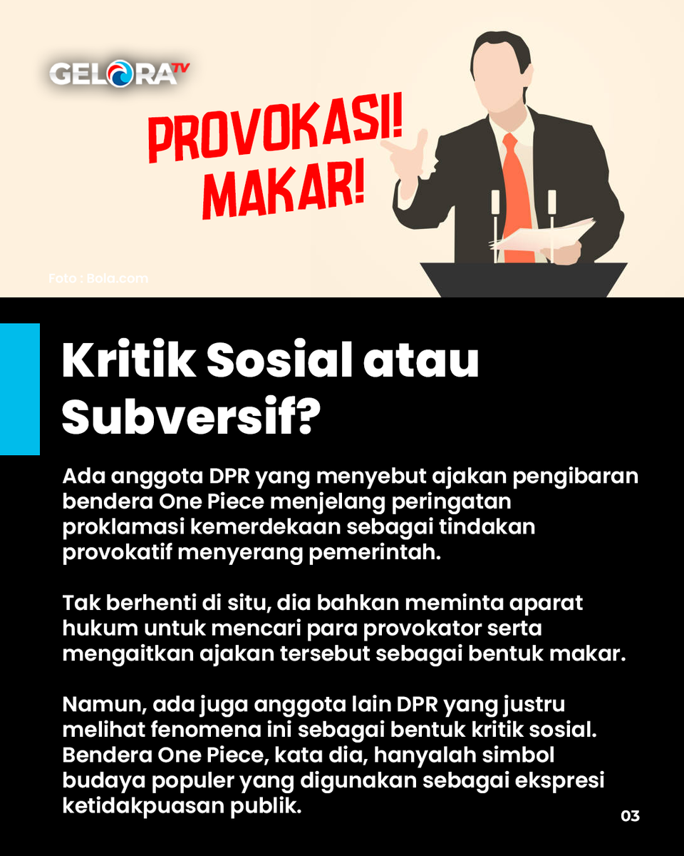 partaigeloraid's tweet photo. Marak orang memasang stiker atau mengibarkan bendera One Piece harusnya direspons sebagai apa ya? Provokasi atau kritik sosial?

https://t.co/M8Ob2MCL98

#bendera #onepiece #kritiksosial #geloraindonesia #partaigelora https://t.co/1vsVN6Pi5x