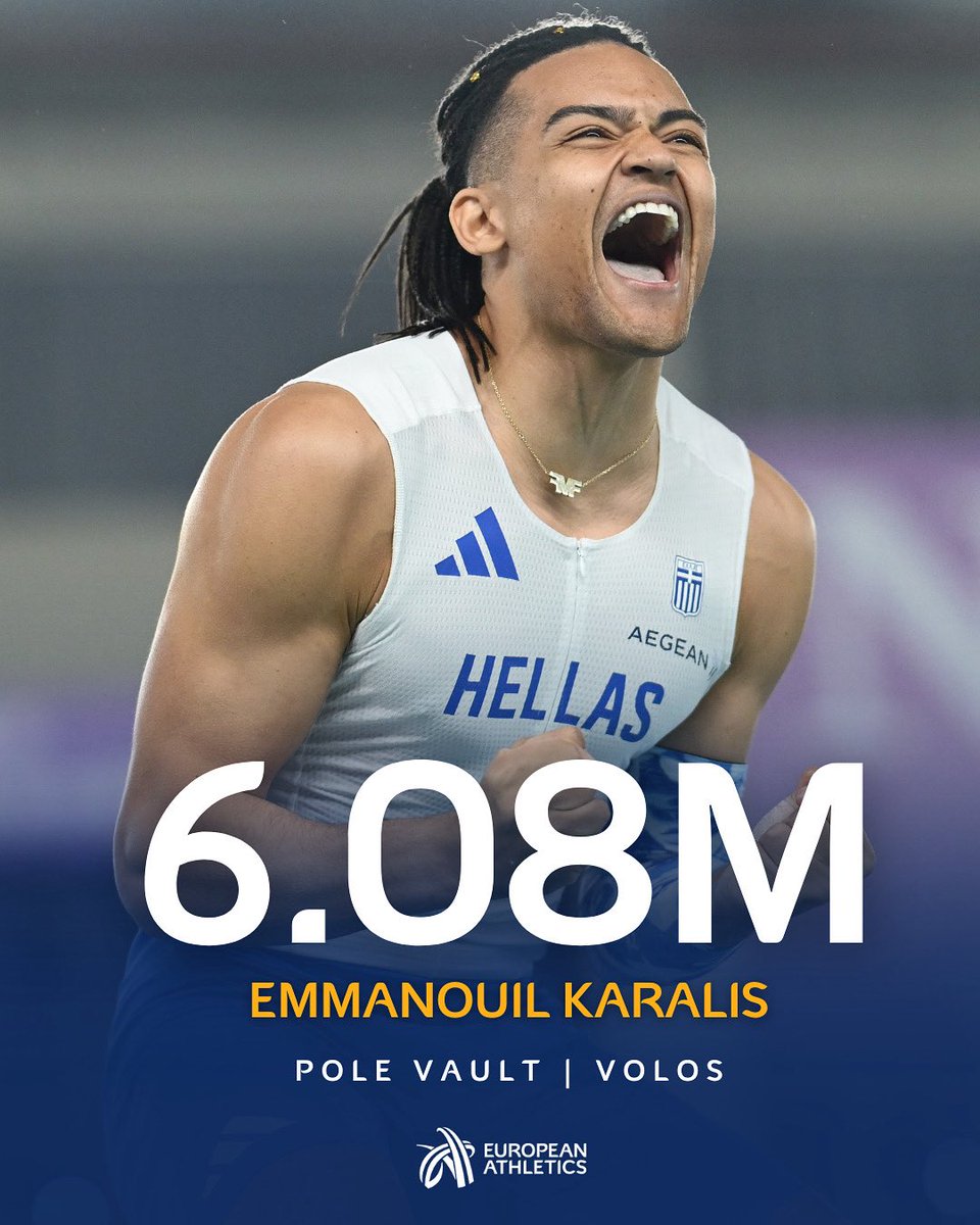The fourth highest vaulter in history! 🤯

Emmanouil Karalis 🇬🇷 clears 6️⃣.0️⃣8️⃣m at the Greek Championships! 🚀 

Updated all-time pole vault list:

🇸🇪 Armand Duplantis 6.28m
🇫🇷 Renaud Lavillenie 6.16m
🇺🇦 Sergey Bubka 6.15m
🇬🇷 Emmanouil Karalis 6.08m 🆕 
🇺🇸 KC Lightfoot 6.07m
