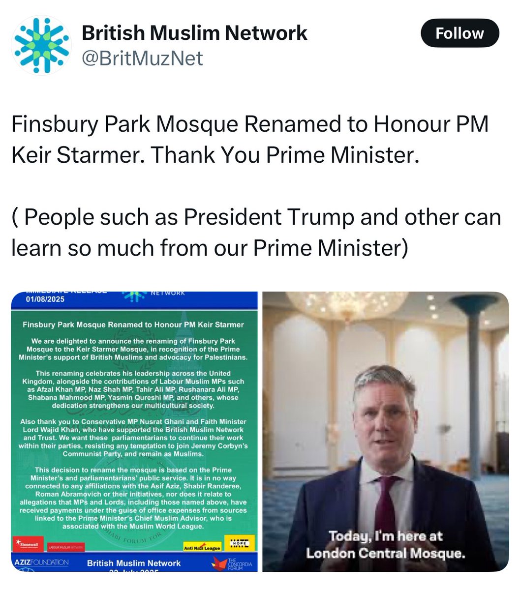 BritMusNet's tweet image. This is an example of a fake post from the parody account. BMN would not comment on naming of mosques or share fake news.