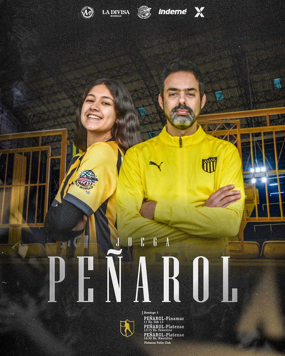 ¡JUEGA PEÑAROL!

Domingo 3

Peñarol 🆚 Pinamar 
11 Hs. Sub13

Peñarol 🆚 Platense 
12:15 Hs. Femenino

Peñarol 🆚 Platense 
16:30 Hs. Masculino

🏟️ Platense Patín Club

#JuegaPeñarol