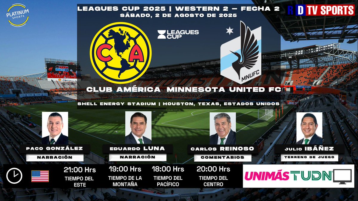 #LeaguesCup2025 #Fecha2 | <a href="/ClubAmerica/">Club América</a>  🆚 <a href="/MNUFC/">Minnesota United FC</a> 

🇲🇽 #América 🇺🇸 #MinnesotaUnited
🗓️ Hoy
🇺🇸⏰ 21:00 Hrs ET, 18:00 Hrs PT
📺 <a href="/UniMas/">UniMás</a>, <a href="/TUDNUSA/">TUDN USA</a>
🎤 <a href="/pacogonzaleztv/">Paco González</a> 
🎤 <a href="/laloeluna/">Lalo Luna</a> 
🎤📝 <a href="/Carlos8Reinoso/">Carlos Reinoso V</a> 
🎤⛳️ <a href="/julioiba/">Julio ‘Profe’ Ibañez</a> 

🤳 #IntensaRivalidad #LeaguesCup #AMEMIN