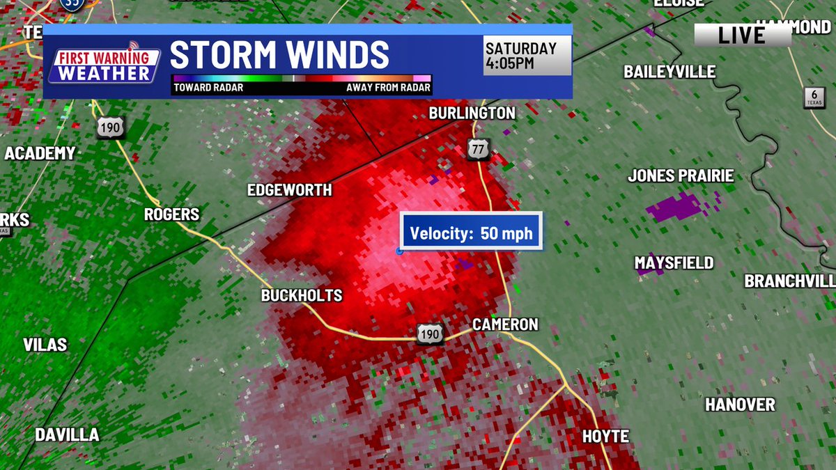 4:05 PM - 40-60 mph radar-indicated wind gusts in northern Milam County. Severe Thunderstorm Warning continues until 4:45 PM.
