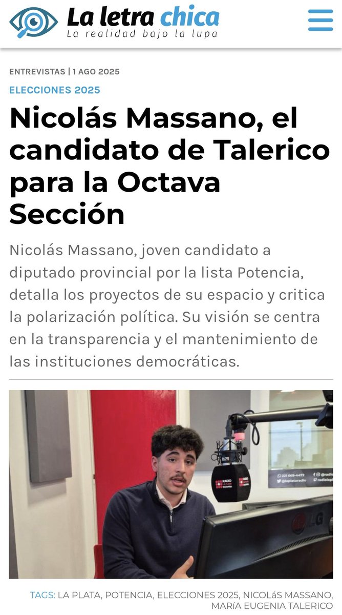 La juventud tiene gran PROTAGONISMO en <a href="/PotenciaBA/">Potencia</a>.
En La Plata representada por Nicolas Massano candidato a diputado provincial.
laletrachica.com.ar/nota/23176/nic…

<a href="/eugetale/">Maria Eugenia Talerico</a>