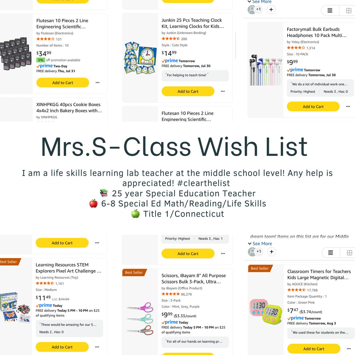 mrssteachct's tweet photo. 🚨6 Items remain! 
I am a life skills learning lab teacher at the middle school level! We have 3 priority items that we are in need of to start the school year. Any help is appreciated! #clearthelist 
📚 25 year Special Education Teacher
🍎 6-8 Special Ed Math/Reading/Life Skills
🍏 Title 1/Connecticut
Amazon List-
https://t.co/dFtCHaNnfe