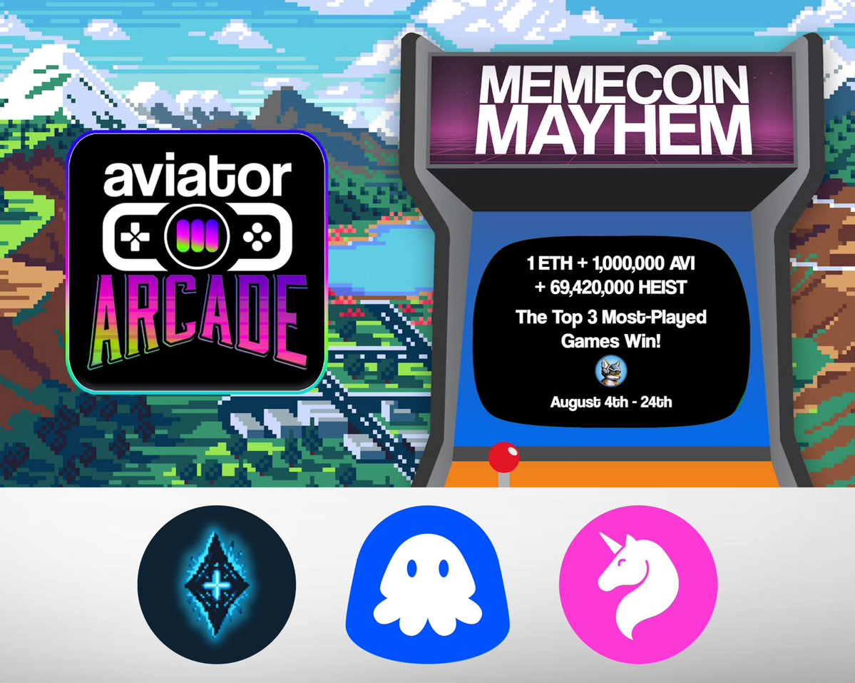 Aviator (@aviator_ac) on Twitter photo Attention Aviators! We’re back with our third-ever <a href="/AviatorArcade/">Aviator Arcade</a> Game Jam: Memecoin Mayhem! 😹
Three winners will share a prize pool of 1 $ETH, 1,000,000 $AVI, and 69,420,000 $HEIST for the most played games! 💰
Sponsored by <a href="/tokiemonio/">Tokiemon</a>, <a href="/Uptopia_xyz/">Uptopia🪼🕹️</a>, and <a href="/unimonapp/">Unimon.app</a>. 💞 Attention Aviators! We’re back with our third-ever <a href="/AviatorArcade/">Aviator Arcade</a> Game Jam: Memecoin Mayhem! 😹
Three winners will share a prize pool of 1 $ETH, 1,000,000 $AVI, and 69,420,000 $HEIST for the most played games! 💰
Sponsored by <a href="/tokiemonio/">Tokiemon</a>, <a href="/Uptopia_xyz/">Uptopia🪼🕹️</a>, and <a href="/unimonapp/">Unimon.app</a>. 💞