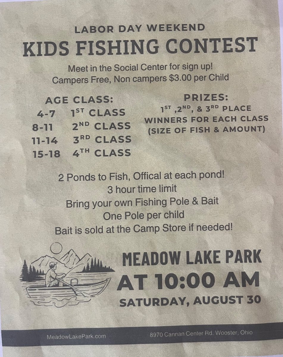 NorwayneFB's tweet image. Meadow Lake Park is hosting a kids fishing contest, open to any children aged 4-18. Prizes will be awarded for the winning participants!