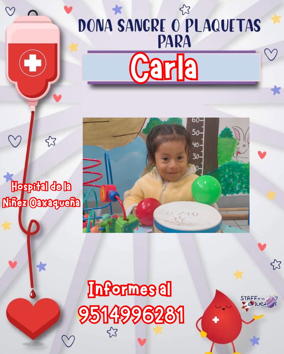 StaffNacional's tweet photo. Hola soy #Carlita, tengo 1 año y estoy a cargo de mi abuelito, con mucha dificultad mi abuelito me lleva cada mes a la ciudad de Oaxaca para recibir transfusion de sangre 🩸 .
Si deseas ser mi #donador de #sangre voluntario comunicate con nosotros 🩵.
Informes al 9514996281 https://t.co/bjL7ns4BP2