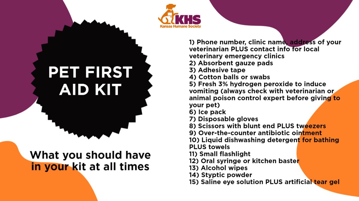 #OTLFP 
It's important to have a first aid kit for your pets. Here is a helpful list of items to include in case of all types of pet emergencies