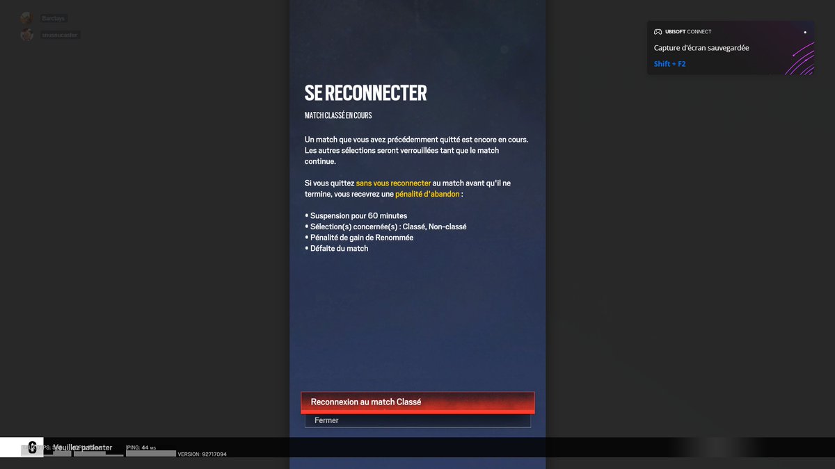 HeyBarclays's tweet photo. Hello @UbisoftSupport you guys should take a look at the problem where you cant rejoin the ranked game in Rainbow Six Siege, I had an internet crash and can't reconnect now (ISP change our IP adress everytime) maybe that's it but it wasn't a problem until this season https://t.co/fOlVlGL44X