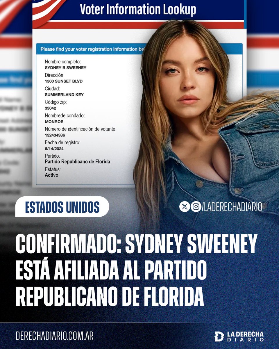 🚨🇺🇸 | Confirmado: La actriz y supermodelo Sydney Sweeney está afiliada al Partido Republicano en su estado natal de Florida desde junio de 2024.