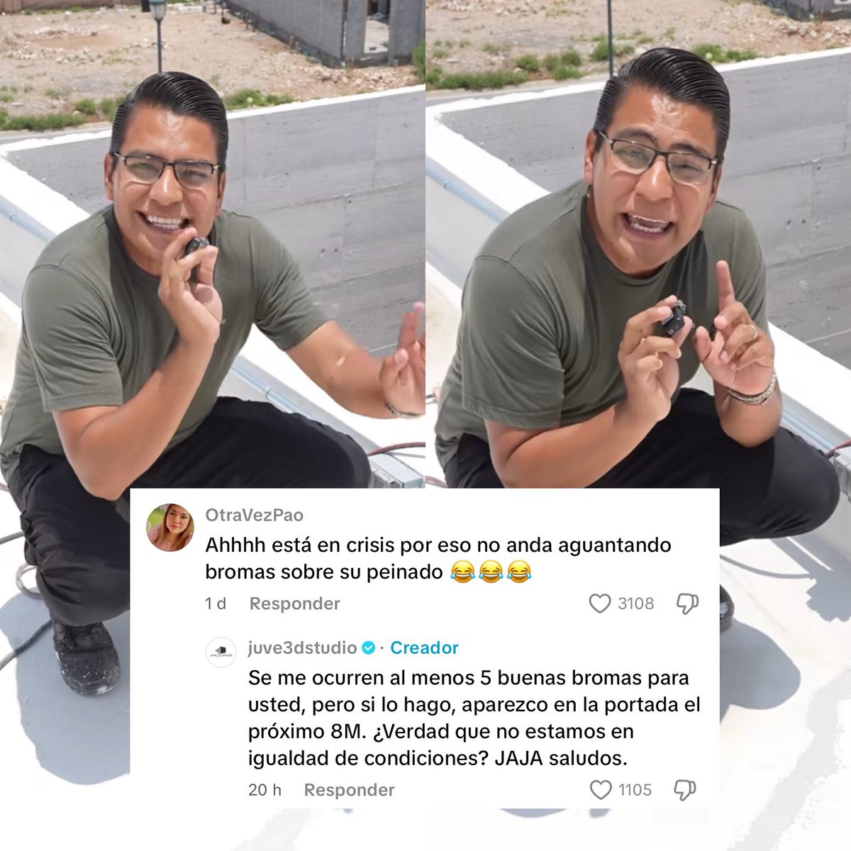 El arquitecto y creador de contenido Juve 3D Studio respondió en redes sociales a un comentario que le hicieron sobre su peinado:

“Se me ocurren al menos 5 buenas bromas para usted, pero si lo hago, aparezco en la portada el próximo 8M. ¿Verdad que no estamos en igualdad de