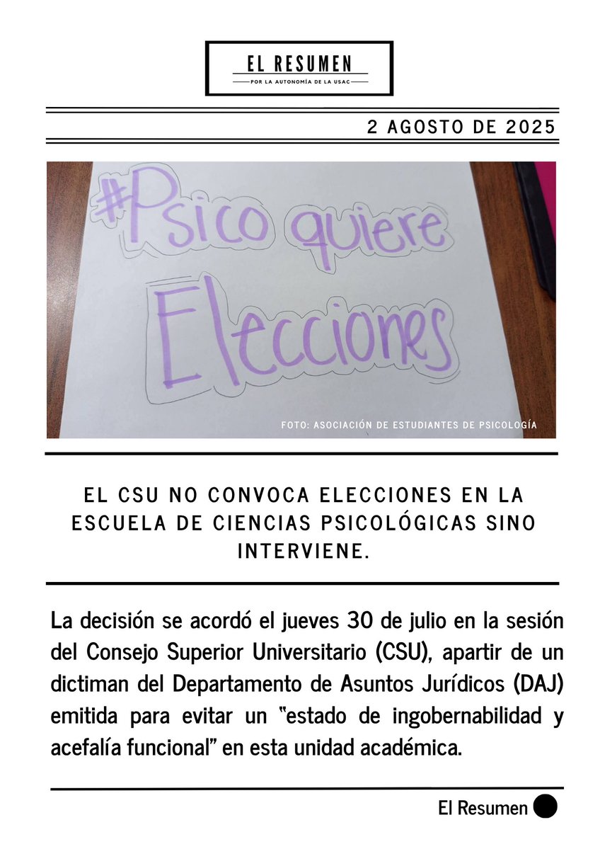 #Usac Escuela de Psicología no tendrá elecciones de Consejo Directivo

Por dictamen del Departamento de Asuntos Jurídicos, se ordenó la intervención encabezada por Berner García, representante del Colegio de Abogados y Notarios de Guatemala ante el CSU.