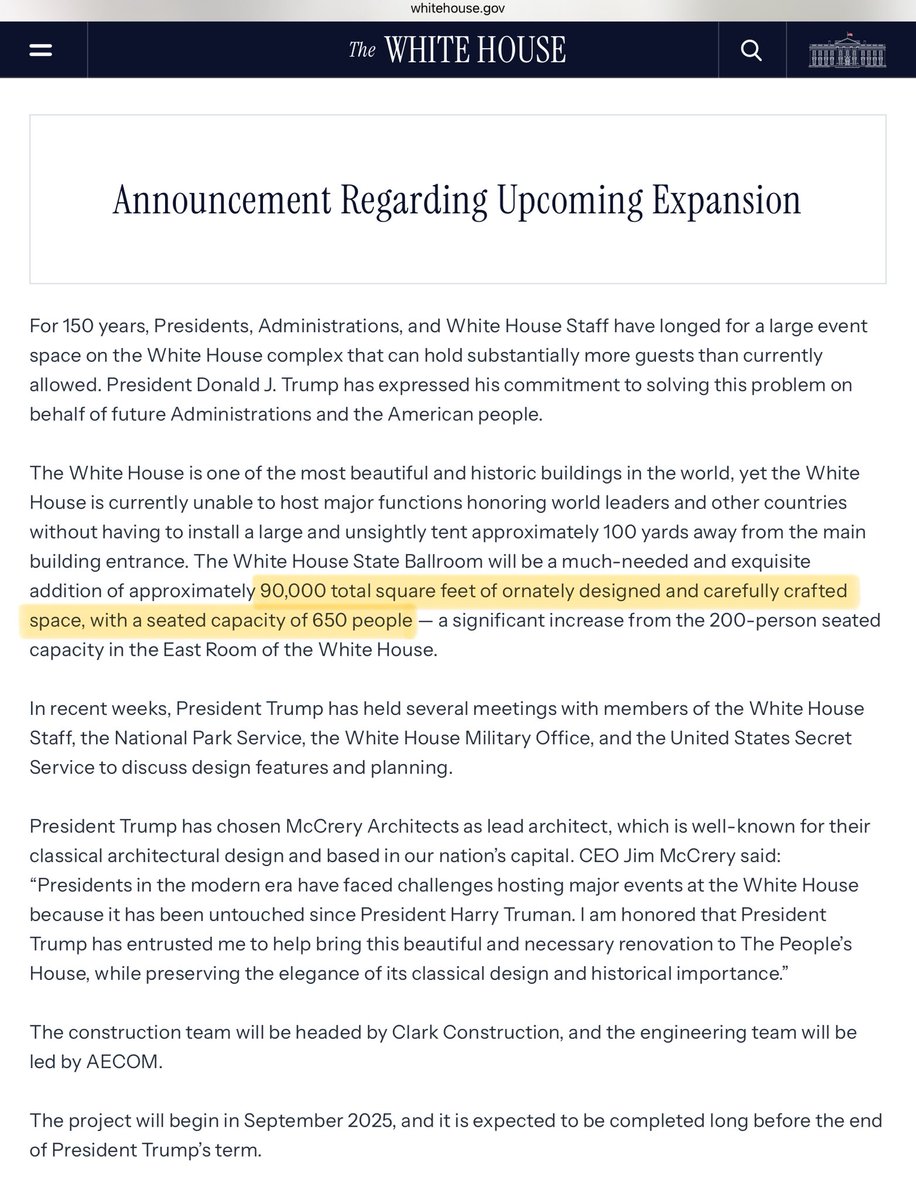 The “90,000 square feet” HAS to be a stupid error, right?

As noted, the East Room seats 200 people. It has ~3,000 square feet. 

This “State Ballroom” would seat 3.25x as many people, but be THIRTY TIMES as large.

90,000 sq ft is over half the size of the entire Biltmore House.
