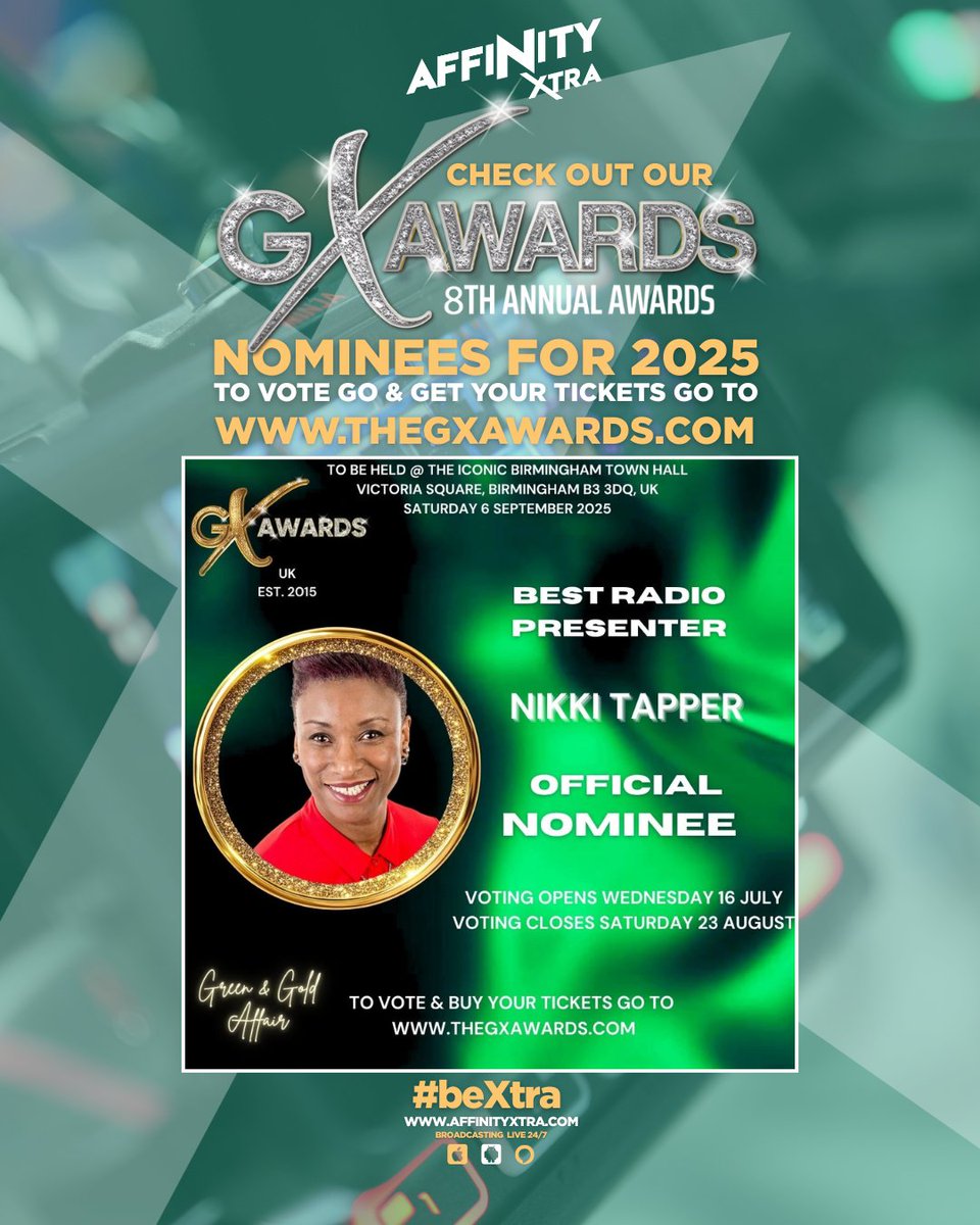 Affinity Xtra (@affinityxtra) on Twitter photo Nikki Tapper MBE
🔥 She’s a voice of power and purpose! Congrats to Nikki Tapper MBE for her nomination as Best Radio Presenter at #GXAwards! 🎙️
Let’s help her win—vote now: thegxawards.com
#GospelRadio #FaithMedia #AffinityXtra Nikki Tapper MBE
🔥 She’s a voice of power and purpose! Congrats to Nikki Tapper MBE for her nomination as Best Radio Presenter at #GXAwards! 🎙️
Let’s help her win—vote now: thegxawards.com
#GospelRadio #FaithMedia #AffinityXtra