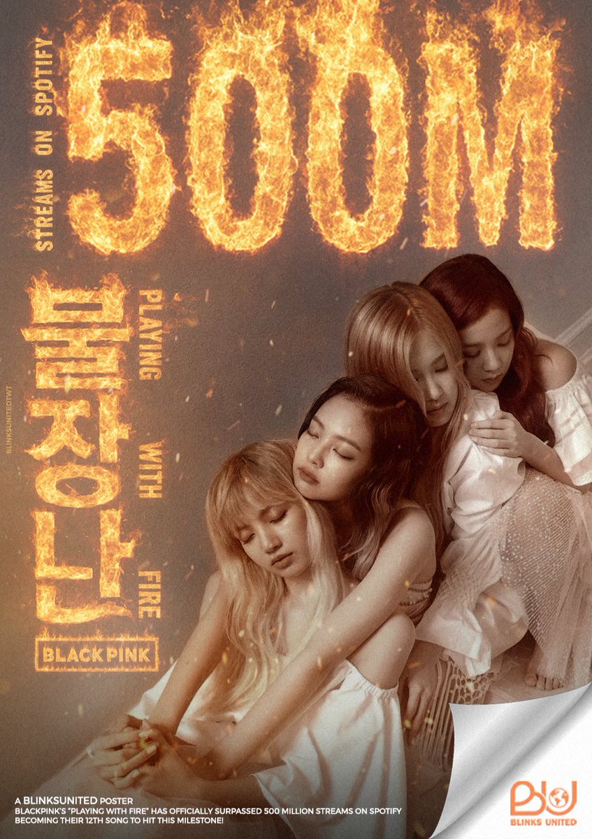 blinksunitedtwt's tweet photo. .@BLACKPINK’s ‘Playing With Fire’ has officially surpassed 500 MILLION streams on Spotify!

— it’s their 12th song to reach this milestone, the most of any girl group.

#BLACKPINK_DEADLINE #BLACKPINK https://t.co/kgGnGNldxy