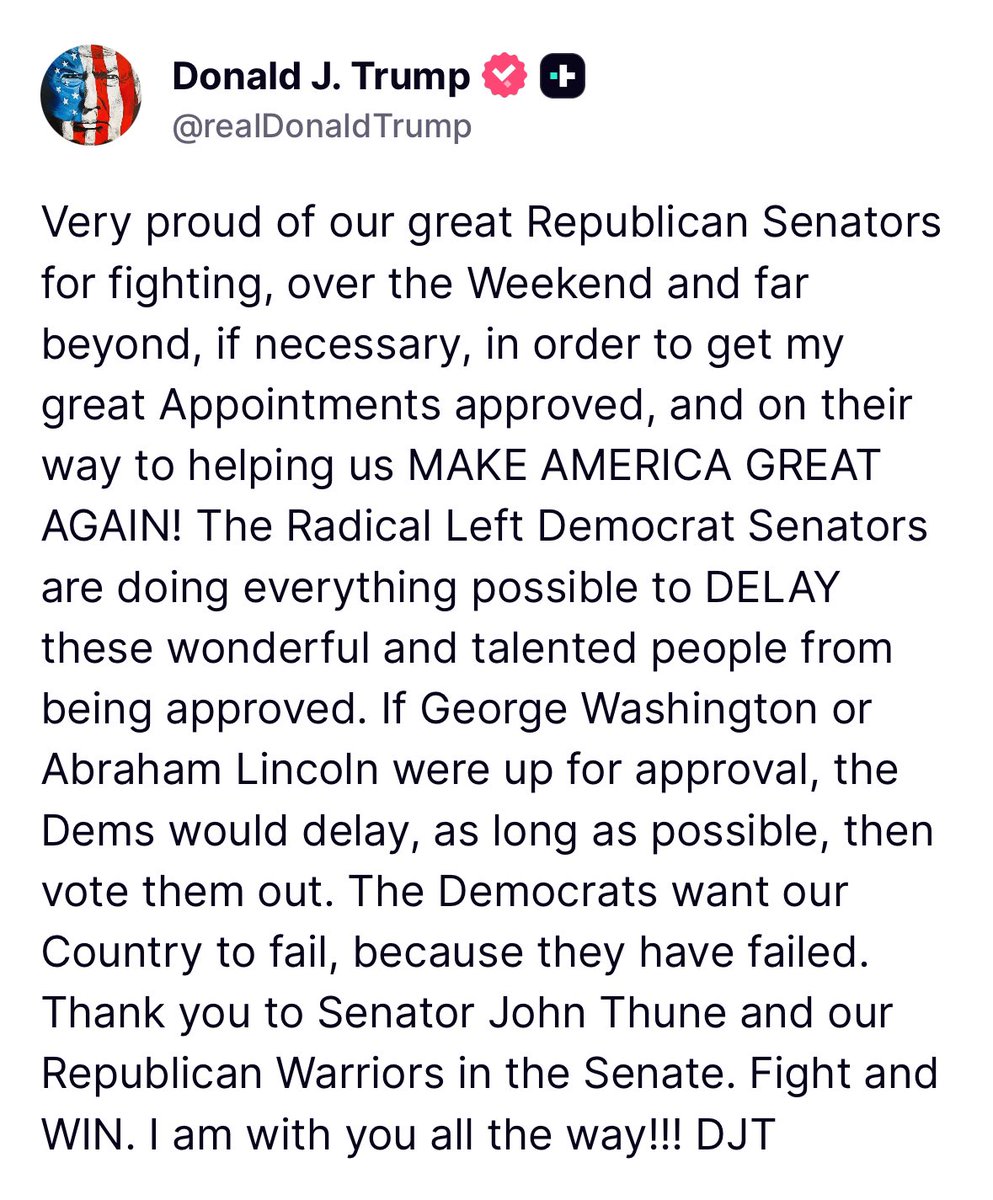 @Chicago1Ray 🇺🇸 (@chicago1ray) on Twitter photo Trump just posted this on Truth Social
We have to keep the pressure on folks 🚨
Let <a href="/LeaderJohnThune/">Leader John Thune</a> know you want Senate Republicans to stay in session until all of Trumps Judicial nominees are confirmed
(RP) & reply, He'll definitely see this in his notifications Trump just posted this on Truth Social
We have to keep the pressure on folks 🚨
Let <a href="/LeaderJohnThune/">Leader John Thune</a> know you want Senate Republicans to stay in session until all of Trumps Judicial nominees are confirmed
(RP) & reply, He'll definitely see this in his notifications