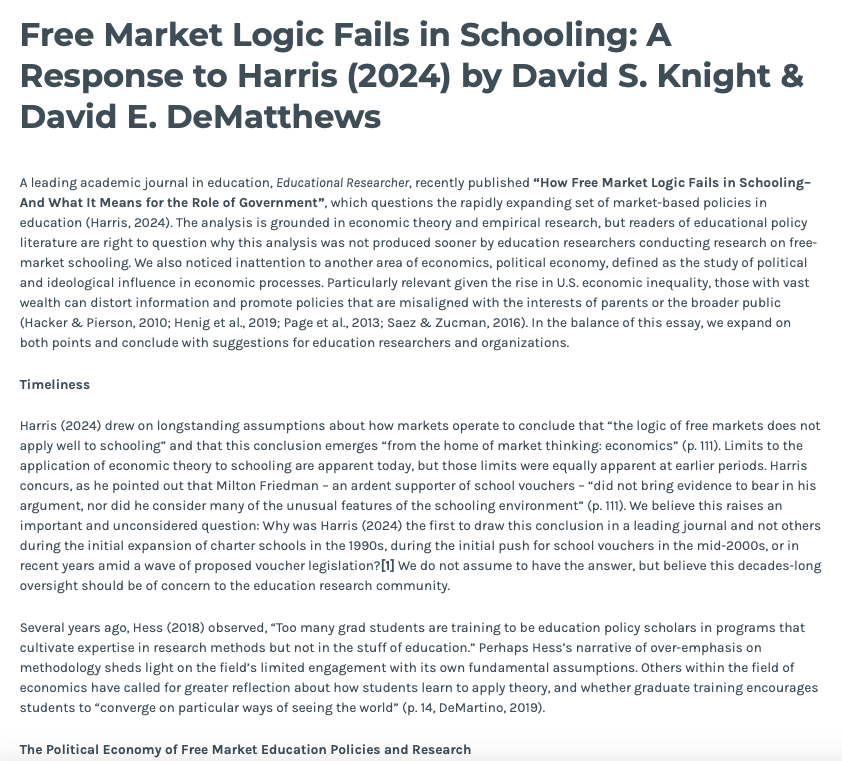 Why did it take so long for education researchers to challenge the myth of free market logic in schooling/ed policy? We unpack how political economy &amp; philanthropy shaped a generation of narrow research. <a href="/AERA_EdResearch/">AERA</a> <a href="/AERADivisionL/">AERA_DivisionL</a> <a href="/dsknight84/">David Knight</a> <a href="/aefpweb/">AEFP</a> sites.psu.edu/ajeforum/2025/…