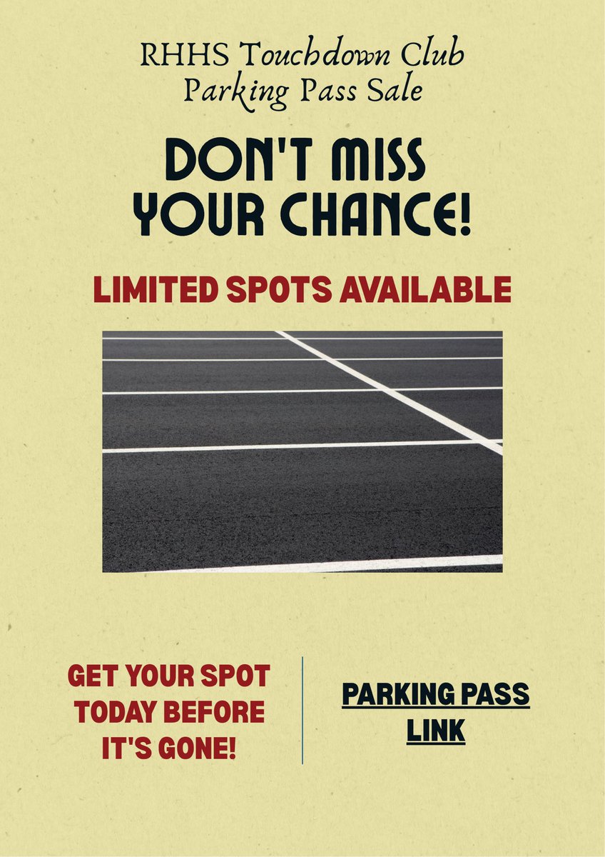 Don't miss your chance to secure the parking spot! Only for the Touchdown Club!! 

Passes are selling quickly! Grab your spot today before it's gone! 

🔗 rhhsfootball.com/wildcat-store 

#rhhstdclub #rhhsfb #touchdownclub