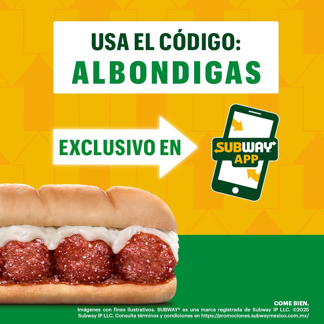 😋 El sub favorito de muchos ya está de regreso…
 ¡y con 30% de descuento!
 📲 Solo en la app usando el código: ALBONDIGAS
subway-mx.app.link