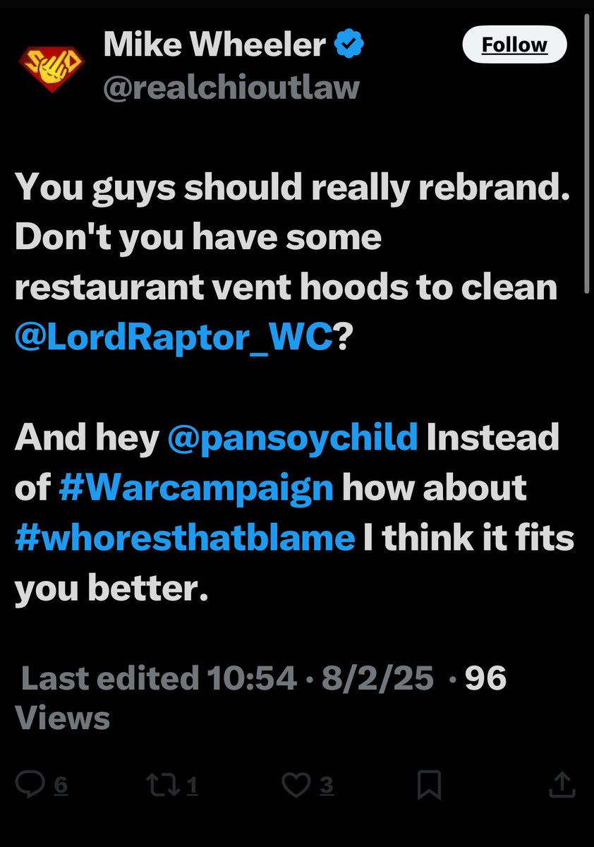 <a href="/realchioutlaw/">Mike Wheeler</a> It’s easy to talk shit when you have everyone blocked because you’re a pathetic fat bitch