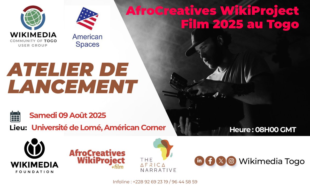 Rejoins #AfroCreativesWikiProject+Film 2025 au Togo !
🗓 4 samedis d'ateliers (9 août – 6 sept.)
📍 American Corner, UL
🎯 Pour pros, créatifs, étudiants, wikimédiens...
💻 Ordinateur requis
🔗 forms.gle/BpzLkT2sFYHDw7…
📢 Places limitées !