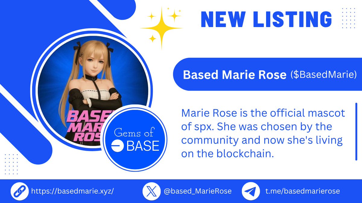 Gems of Base (@gemsofbase) on Twitter photo 💎 New Featured Listing Alert! 💎
Introducing <a href="/based_MarieRose/">BasedMarieRose</a>, Marie Rose is the official mascot of SPX. She was chosen by the community and now she's living on the blockchain.
The #SPX6900 wave is spreading like wildfire, akin to $DOGE this cycle. Marie Rose, the mascot, 💎 New Featured Listing Alert! 💎
Introducing <a href="/based_MarieRose/">BasedMarieRose</a>, Marie Rose is the official mascot of SPX. She was chosen by the community and now she's living on the blockchain.
The #SPX6900 wave is spreading like wildfire, akin to $DOGE this cycle. Marie Rose, the mascot,