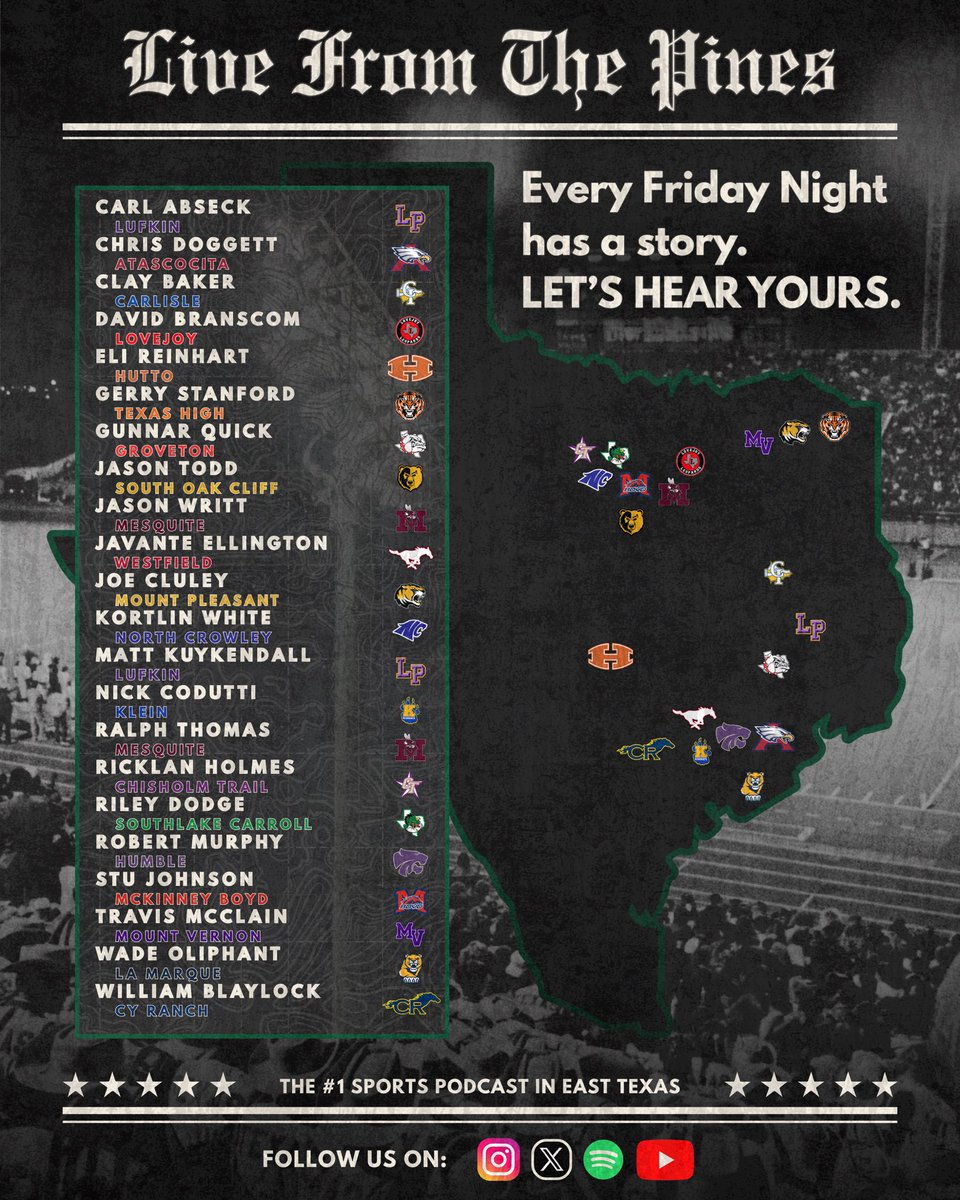 Big THANK YOU to all the coaches from East Texas, DFW, Houston, Central TX, and beyond who’ve joined Live From The Pines! 🔥
Your stories are what make TXHSFB special‼️
Now we want to hear yours.
🗣️ TXHSFB coaches — DM us to get on the pod.
Every Friday night has a story. LET’S