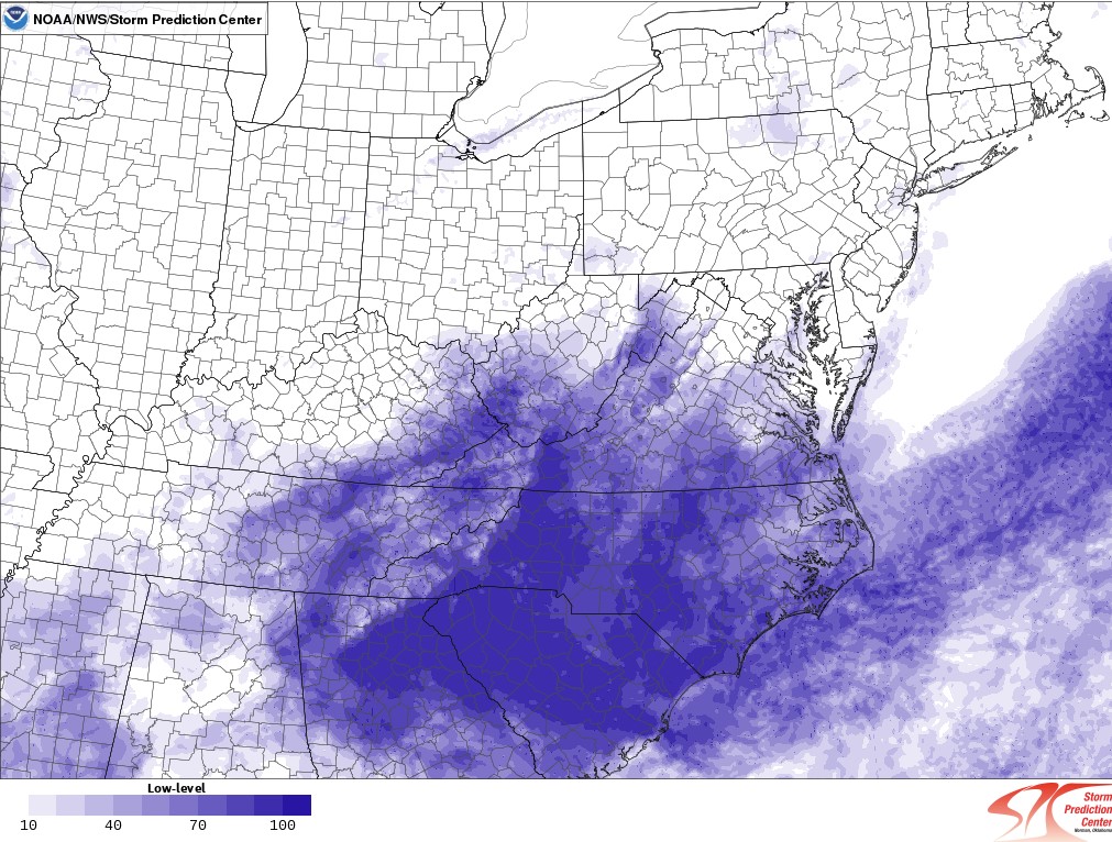 High pressure to our north. Front to our south. Relatively cool cloudy weather in between with some rain along the southern Blue Ridge between VA-GA.