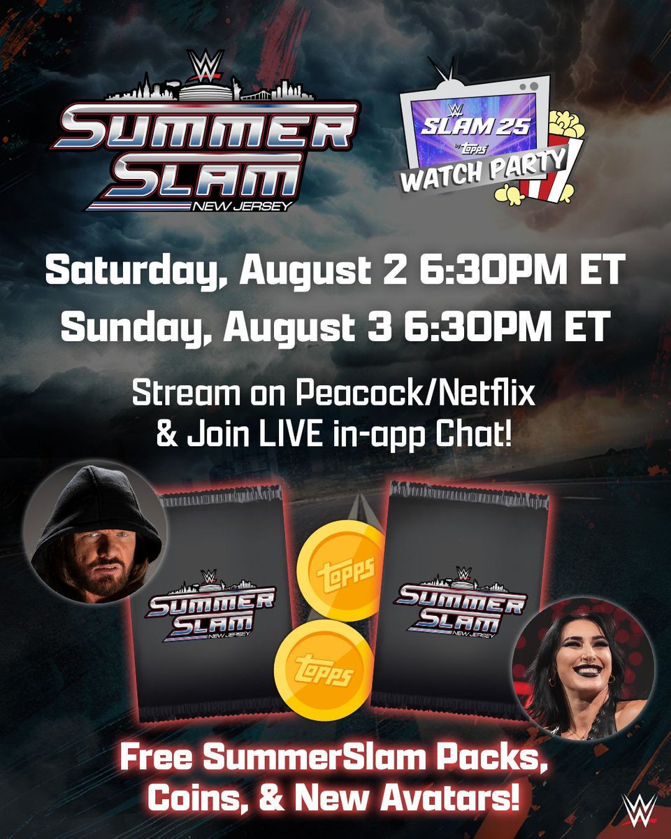 Night 1 of #SummerSlam starts soon! Join our Watch Party starting at 6:30PM ET! You’ll be able to claim FREE cards &amp; coins while chatting LIVE in #SLAM25!