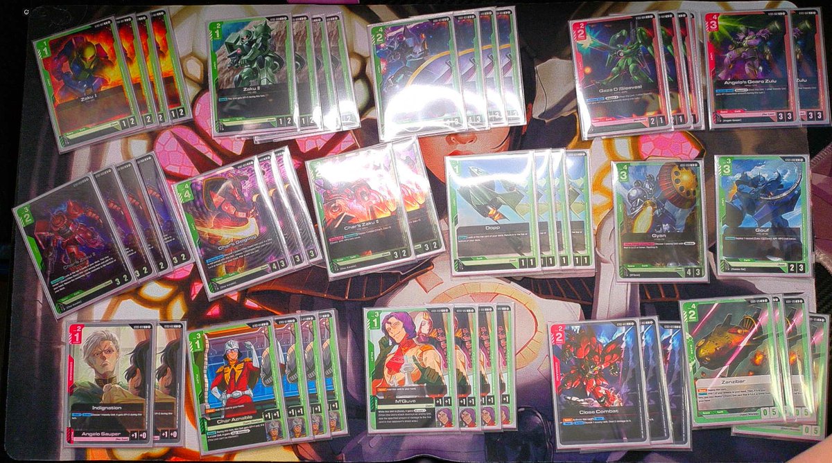 first official #gundamtcg tourney  and i went 3-1 with zeon rush! missing some pieces  but i still was able to push through.
Game 1 - mirror match, win
Game 2 - green wing, win
Game 3 - mirror match, LOSE, was shredding so hard in but got cucked by bases
Game 4 - red zaft, WIN