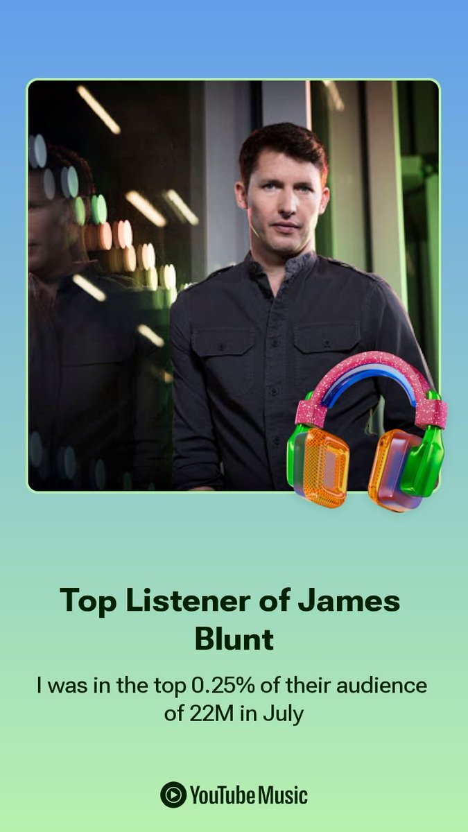 I just earned a new top listener badge. Top 0.25% - that's got to be worth a shout out, <a href="/JamesBlunt/">James Blunt</a> 😄 🎧 music.youtube.com/channel/UCUg8K…