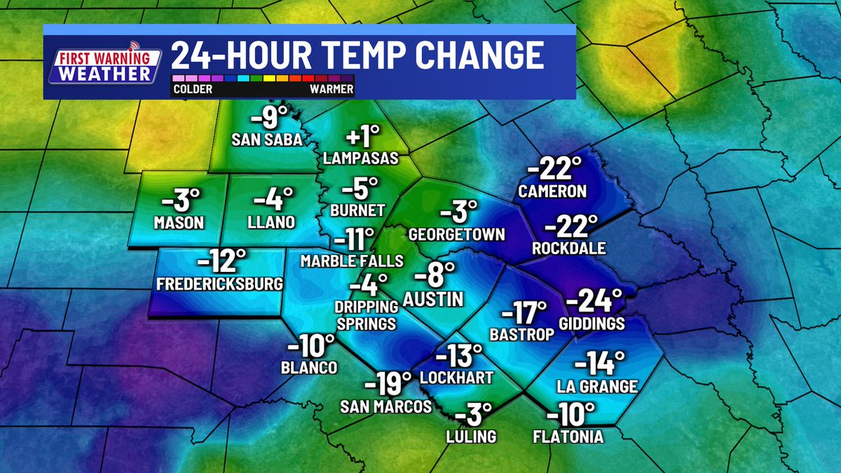 Widespread rain coverage is keeping most of Central Texas MUCH COOLER compared to yesterday. Wow!