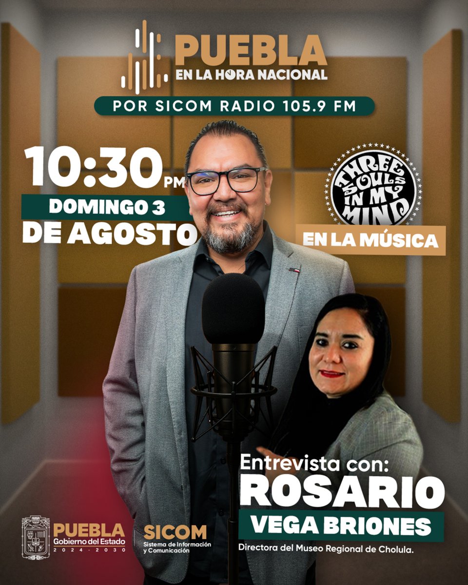 🎙️ Este domingo en La Hora Nacional por #SICOMRadio, compaña a <a href="/metaoscar/">Óscar Alarcón</a>  y Rosario Vega Briones, en un viaje al corazón de Cholula desde el Museo Regional. 🕙🌙
🎸 Revive el poder de Three Souls in My Mind con el gran <a href="/alexlora_/">Alex Lora</a>.
🕥 10:30 p.m.
#PorAmorAPuebla #PensarEnGrande