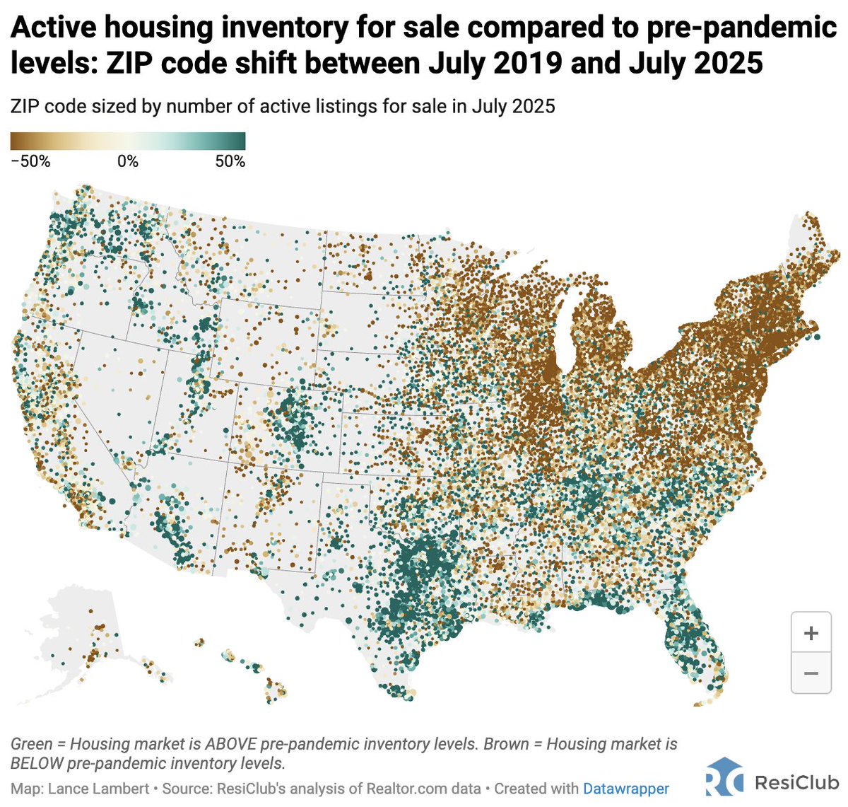 GREEN = ZIP Code has MORE active housing inventory than pre-pandemic 2019

BROWN = ZIP Code has LESS active housing inventory than pre-pandemic 2019

ResiClub PRO members can access my monthly inventory analysis (800+ MSAs, 3K+ counties, 25K+ ZIPs) resiclubanalytics.com/p/monthly-repo…