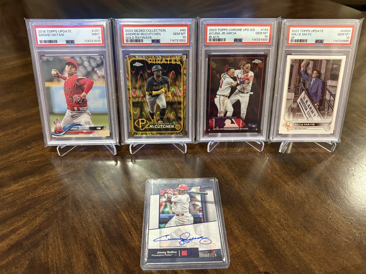 Little Saturday mail day I forgot to snag earlier!

Ohtani RC
McCutchen Gold Raywave /25 (POP 1)
Acuna/Arcia Black /10
Mays IV SP
JRoll /15