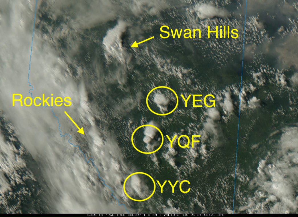 It appears Alberta's three largest urban centres played a role in the initiation of thunderstorms this afternoon!

This only tends to happen in certain conditions:

✅ Bright sunshine (city heats up more than surroundings, causing a plume of rising air)
✅ Light winds in the